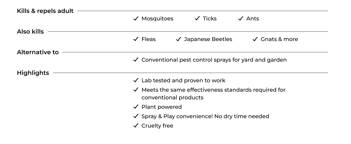 Kills and repels mosquitoes, ticks, and ants. Also kills fleas, japanese beetles, gants, and more