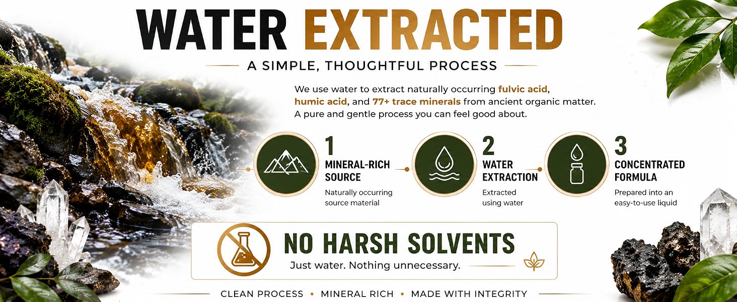 Water extracted fulvic acid and humic acid supplement with 77+ trace minerals, no harsh solvents