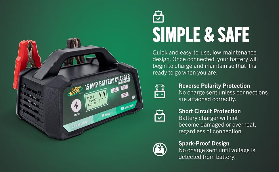 Battery Tender Battery Charger Maintainer 12V 15 AMP Selectable Gel AGM for Heavy Duty Equipment