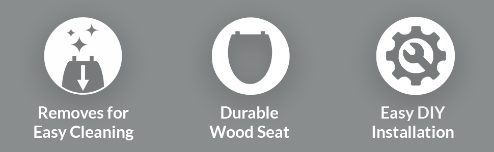 Hinges remove for easy cleaning, durable wood seat resists chips and scratches, easy installation