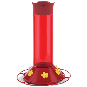 red plastic hummingbird feeder