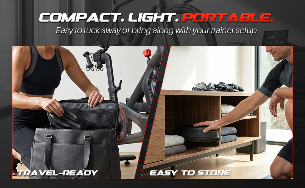 Person packing a compact indoor bike trainer front wheel stand into a gym bag and storing it on a