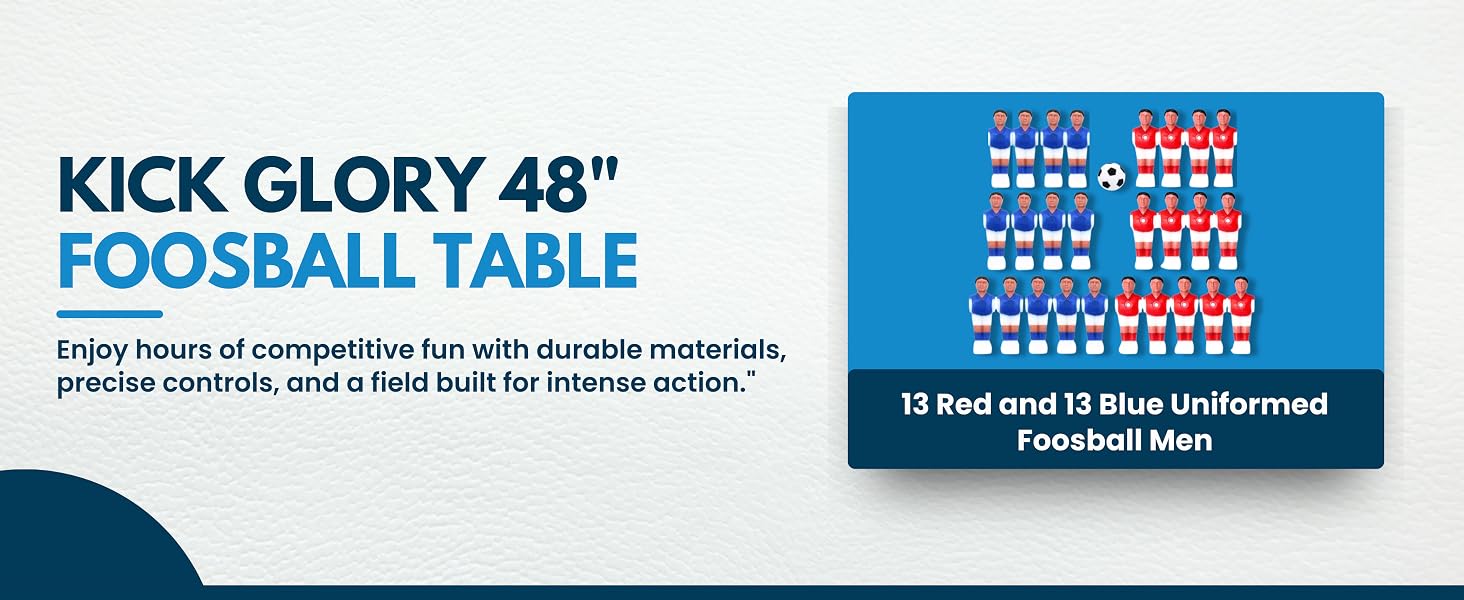 13 red and 13 blue foosball men built for precise control
