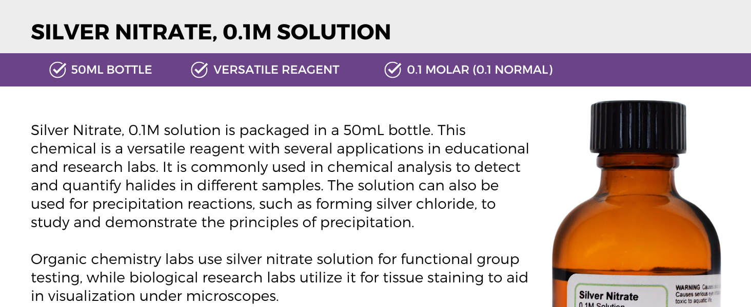 aldon innovating science IS28041 silver nitrate solution reagent chemistry 0.1 molar science lab
