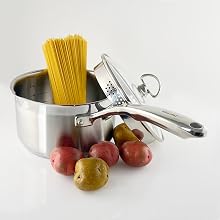Chantal 2.5 quart Stainless Steel Saucepan with Colander Lid and Pour Spout, Tempered Glass Lid