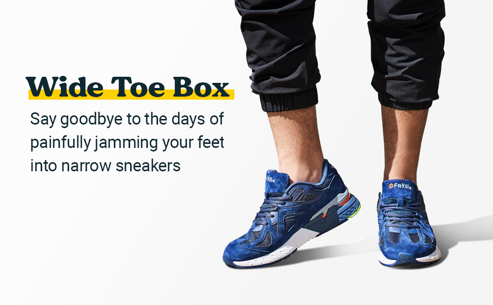 Blue athletic shoes with wide toe box design shown on feet wearing black pants, with text highlighting comfortable fit feature.