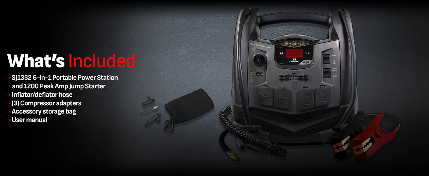 Car battery jump starter comes with inflator hose, 3 compressor adapters, bag, and manual.
