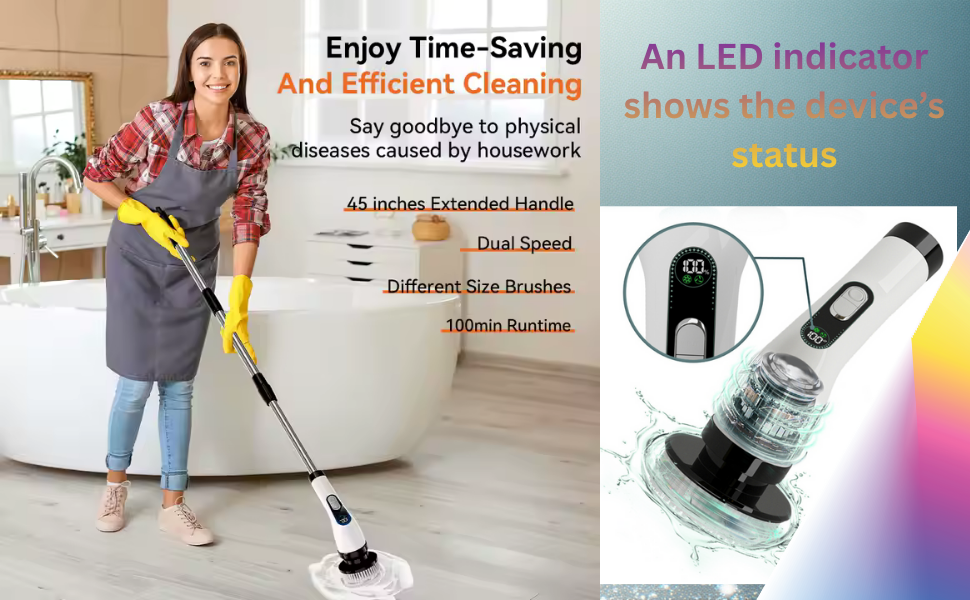 Electric spin scrubber with LED status indicator showing battery level