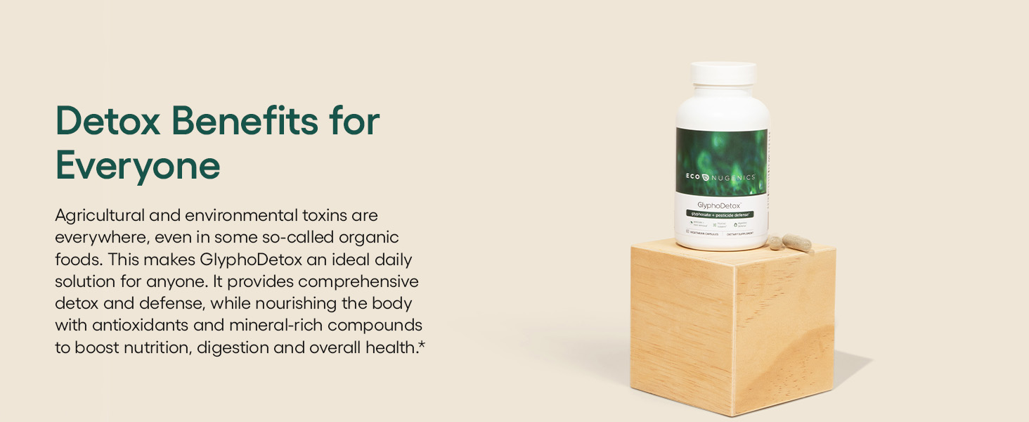 Bottle of GlyphoDetox thyroid support supplements with pills on wooden block