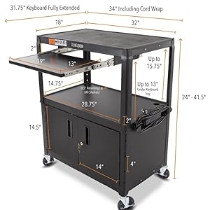Dimensions of the large Line Leader media cart with cabinet and keyboard tray. | Rolling AV Cart