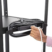 The Line Leader AV cart features a UL safety-certified power strip with cord wrap.