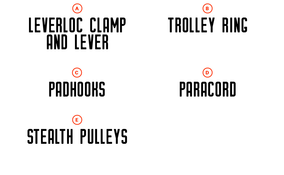 Anchor trolley parts: leverloc clamp and lever, trolley ring, padhooks, paracord, stealth pulleys