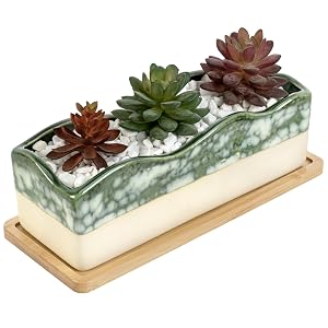 Beige Green Ceramic Glazed Rectangular Succulent Planter Pot