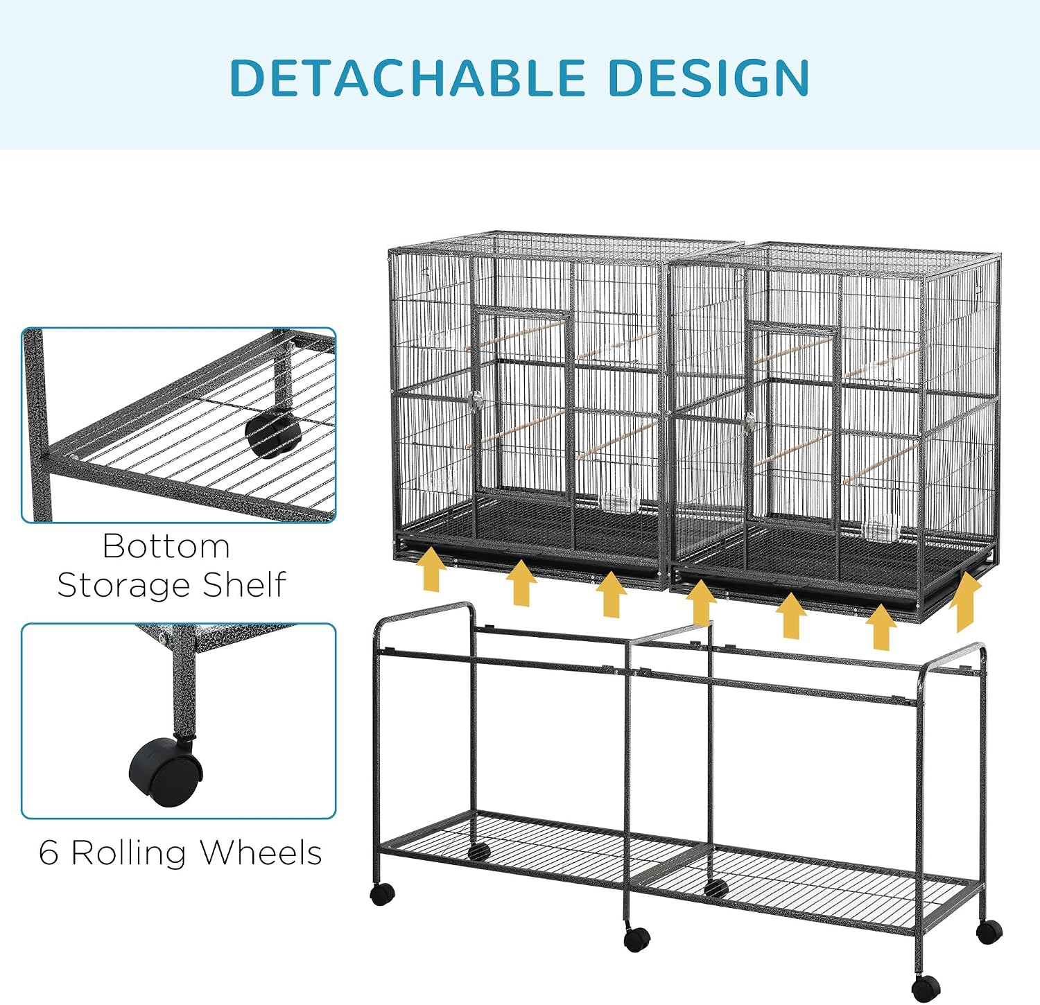 PawHut 65" Double Rolling Metal Bird Cage with Divider, Large Parrot Cage for Parakeet, Canaries, Lovebirds, Budgie, Finch