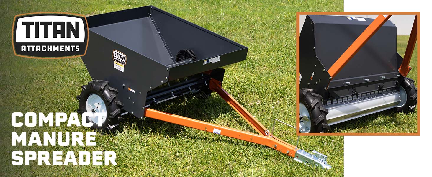 Mini skid steer attachments for fertilizer spreaders and manure spreaders.