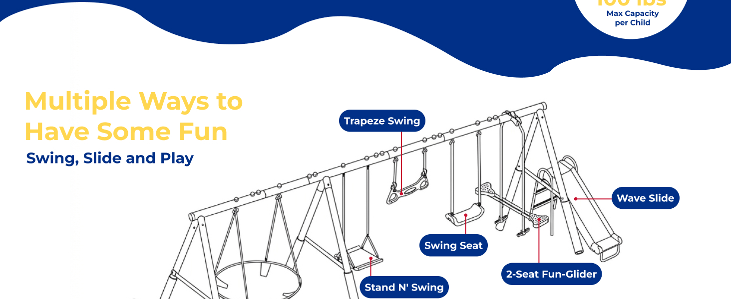 XDP Recreation metal backyard swing set for up to 10 kids. Includes a slide, see-saw, &amp;amp; 5 swings