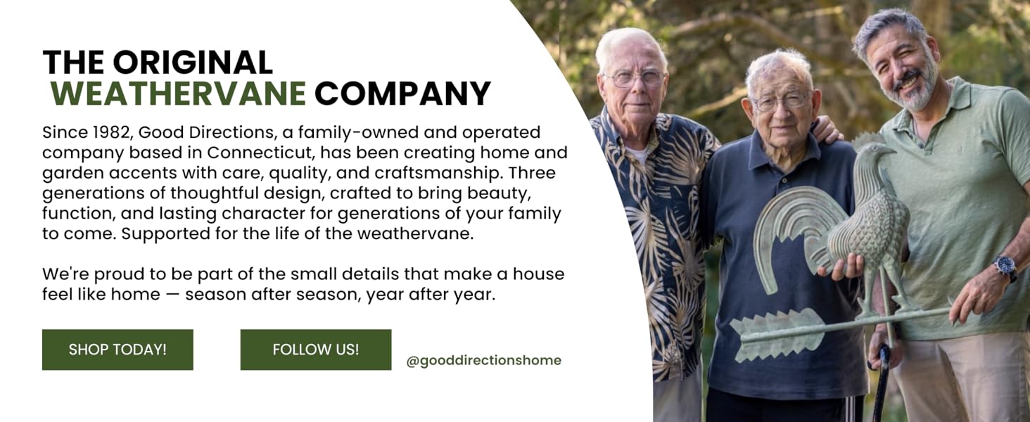Owner and family with rooster weathervane, showcasing Good Directions’ family-run legacy