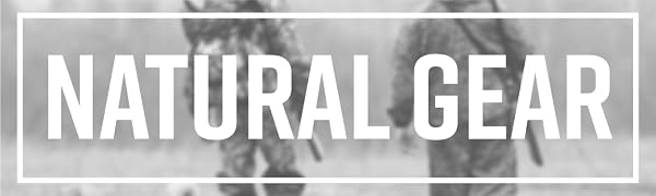 “Natural Gear” in white capital block letters against black and white image of 2 men hunting.
