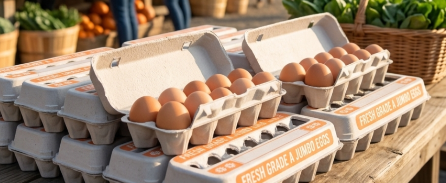 many jumbo egg cartons with eggs on a table at a farmers market