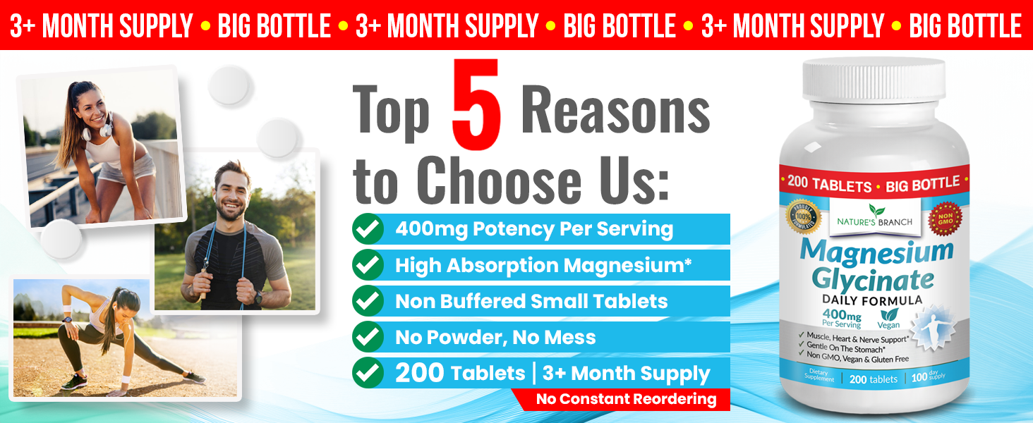Magnesium glycinate 400 mg supplement high absorption ultra pure no powder capsules 200 tablets