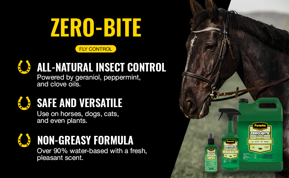 Zero-Bite’s fly fighting power is sourced from geraniol, peppermint, and clove.