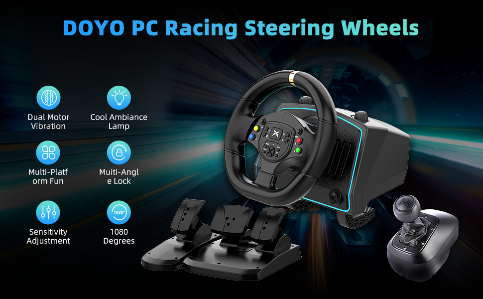DOYO PC racing steering wheel set with pedals and shifter. Features include dual motor vibration, cool ambiance lamp, multi-platform compatibility, 1080 degree rotation, and sensitivity adjustment.