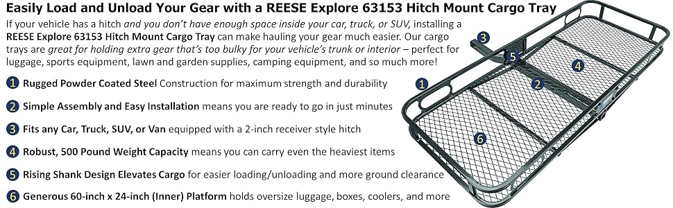 Reese Explore Hitch Mount Tray Carrier Heavy Duty Automotive Car Suv Van Truck Pro Series