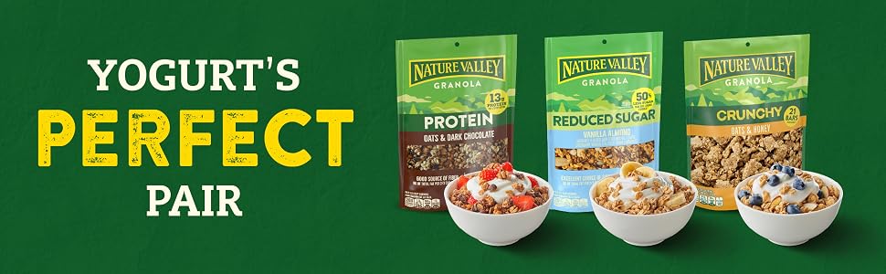 Our Protein, Reduced Sugar, and Crunchy granolas with yogurt and the words yogurt&amp;#39;s perfect pair