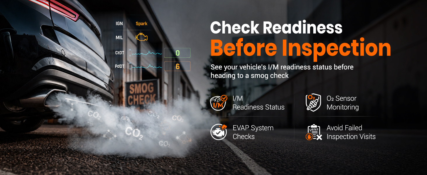 ANCEL BD310 checks I/M readiness, O2 sensors, and EVAP status before vehicle inspection