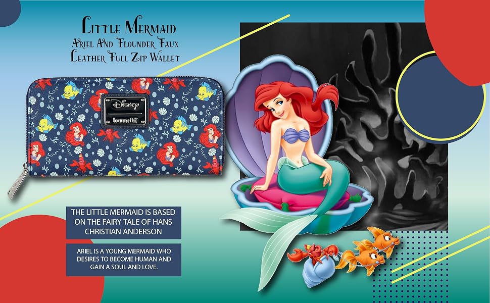 Loungefly Disney Little Mermaid Ariel And Flounder Faux Leather Full Zip Wallet Holiday Gift