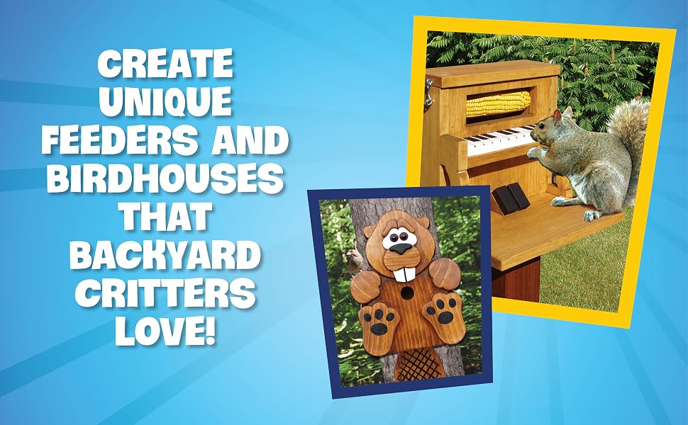 Photos of birdhouses showing a squirrel eating from a piano birdhouse and a beaver birdhouse.