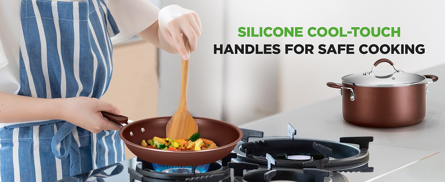 Brown saucepan with silicone cool-touch handle on stove, ergonomic and heat-resistant design