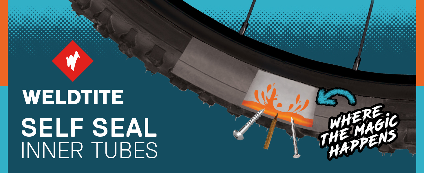Text reads 'WELDTITE SELF SEAL INNER TUBES' on blue and black background. Product graphic showing inner tube with ant illustration and 'WHERE IT HEALS HAPPENS' tagline.
