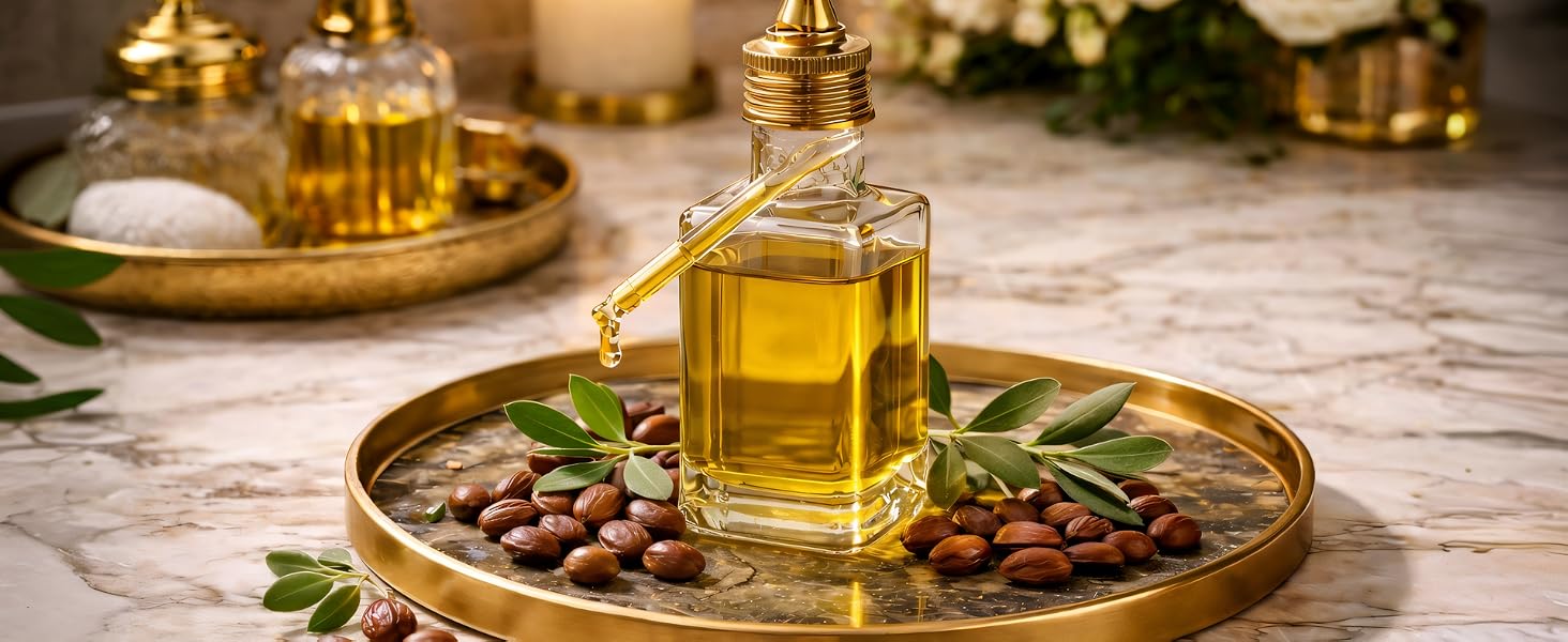 Jojoba oil in a glass dropper bottle on a marble and gold tray with jojoba seeds &amp;amp;amp; green leaves.