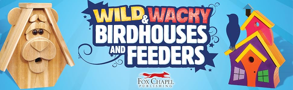 Photos of a bear birdhouse and wacky birdhouse, text: Wild &amp; Wacky Birdhouses and Feeders.