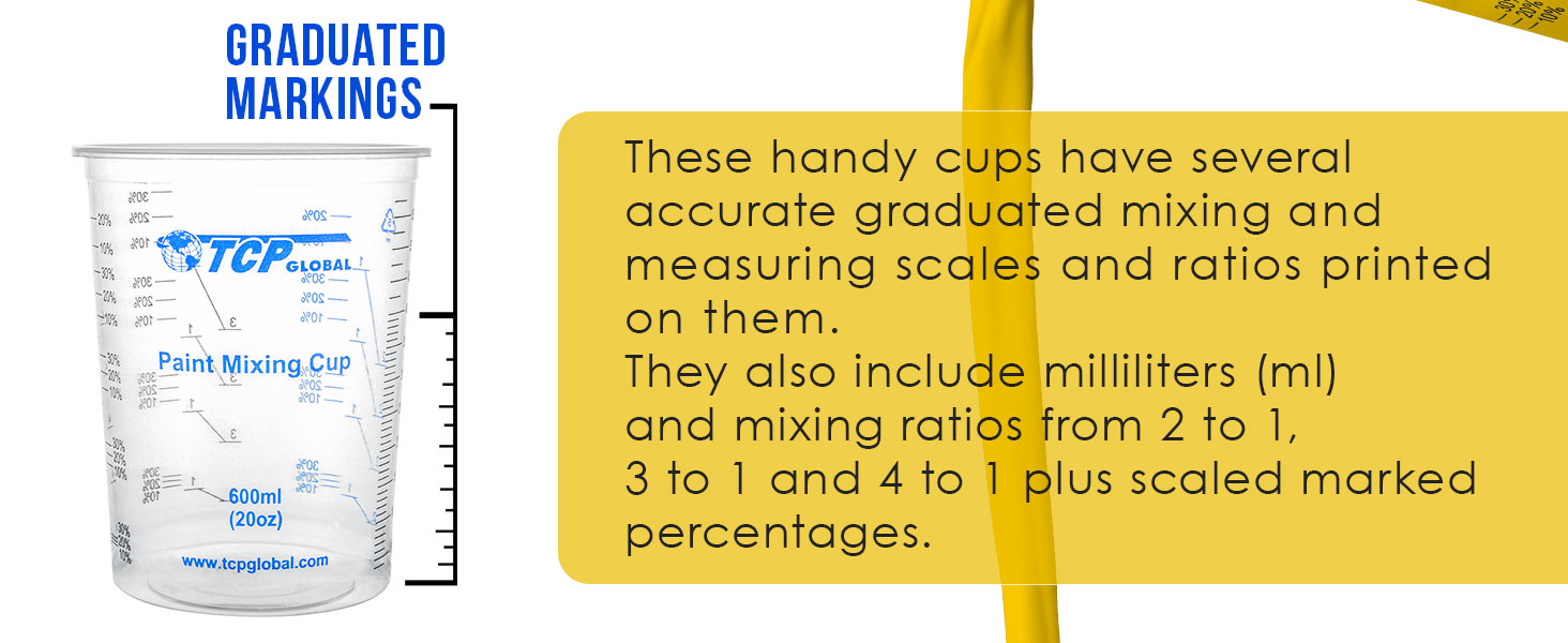 600ml paint mixing cup with graduated markings, ml scale, and 2:1, 3:1, 4:1 ratios