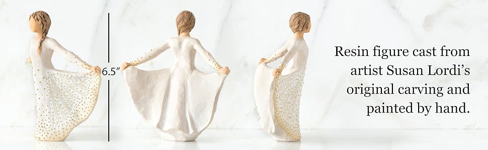 6.5”h hand-painted resin figure in cream dress, holding the sides of her skirt with both hands