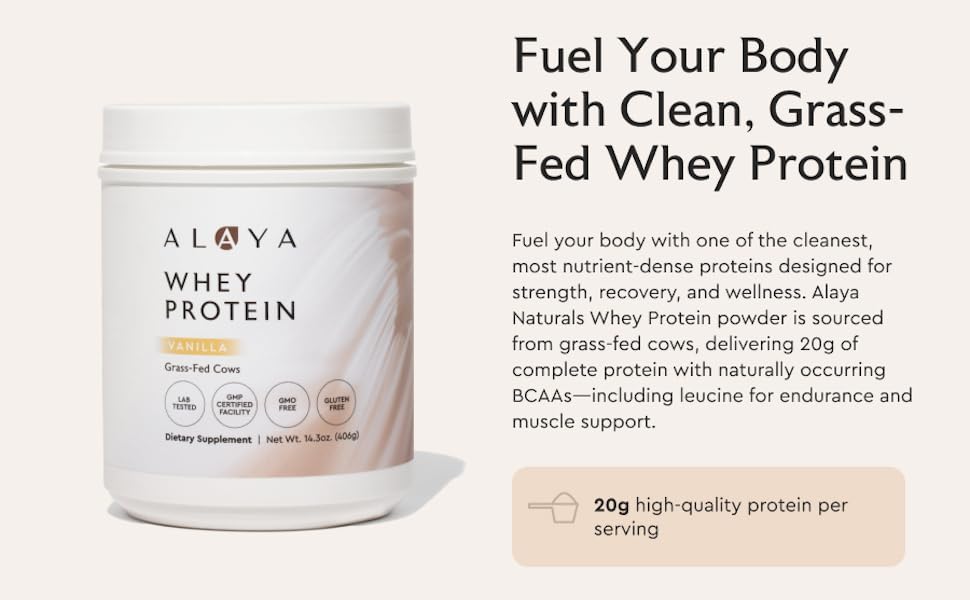Alaya grass-fed whey protein powder in vanilla flavor, made from high-quality ingredients