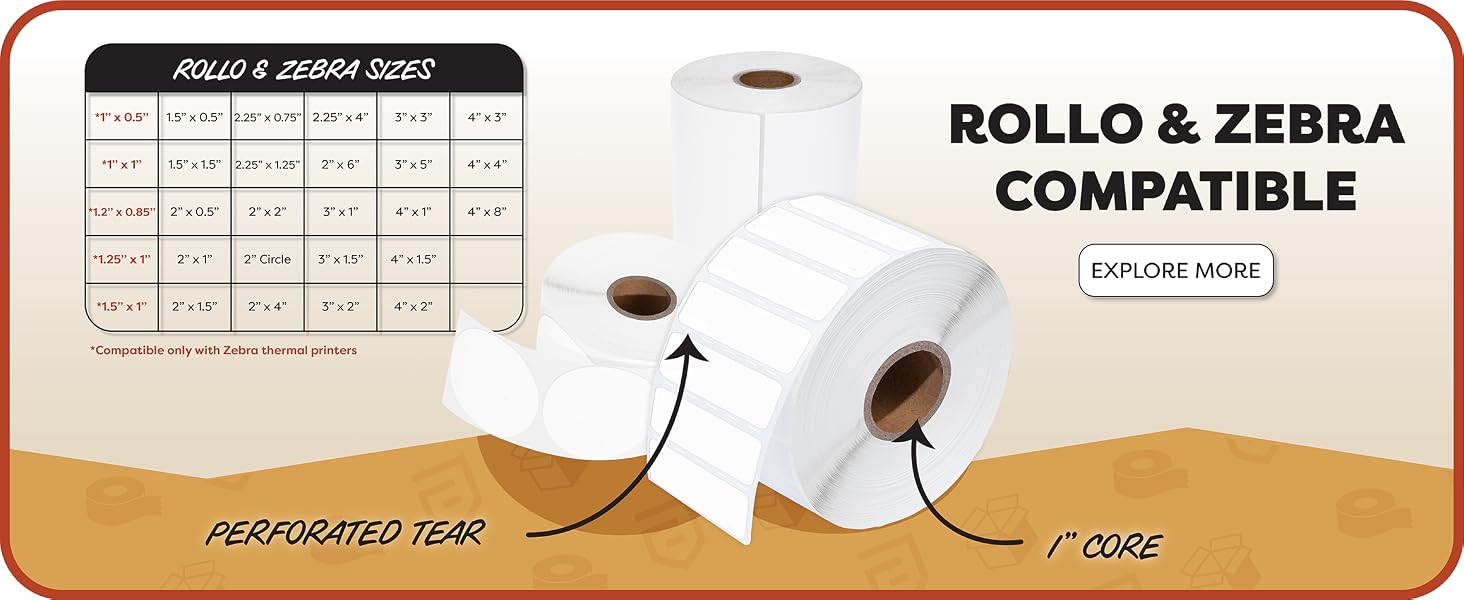 Three rolls of our Rollo and Zebra-compatible labels with both round and rectangular sizes listed.