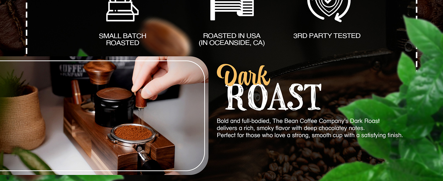 Dark roast coffee branding with hand tamping espresso grounds