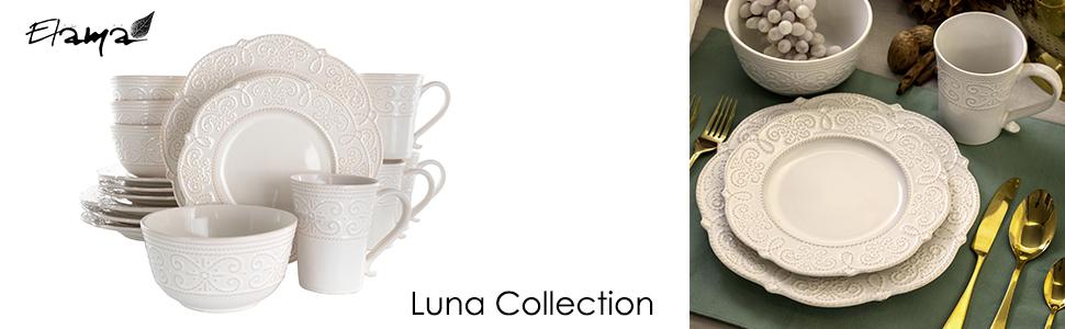 white luna embossed round stoneware dinnerware dish set for 4 microwave dishwasher safe