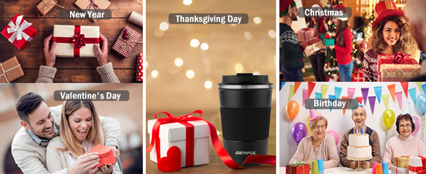 a collage of photos with a coffee cup, a present, and a present.