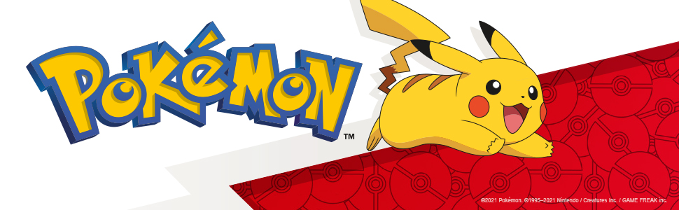 pikachu on red and white background with pokemon logo