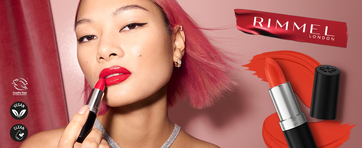 Model applying Rimmel lipstick with a close up of the tube beside them