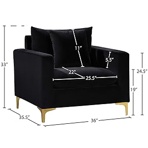 Meridian furniture, naomi, plush, velvet, button, tufting, chair, room, stainless steel, chrome