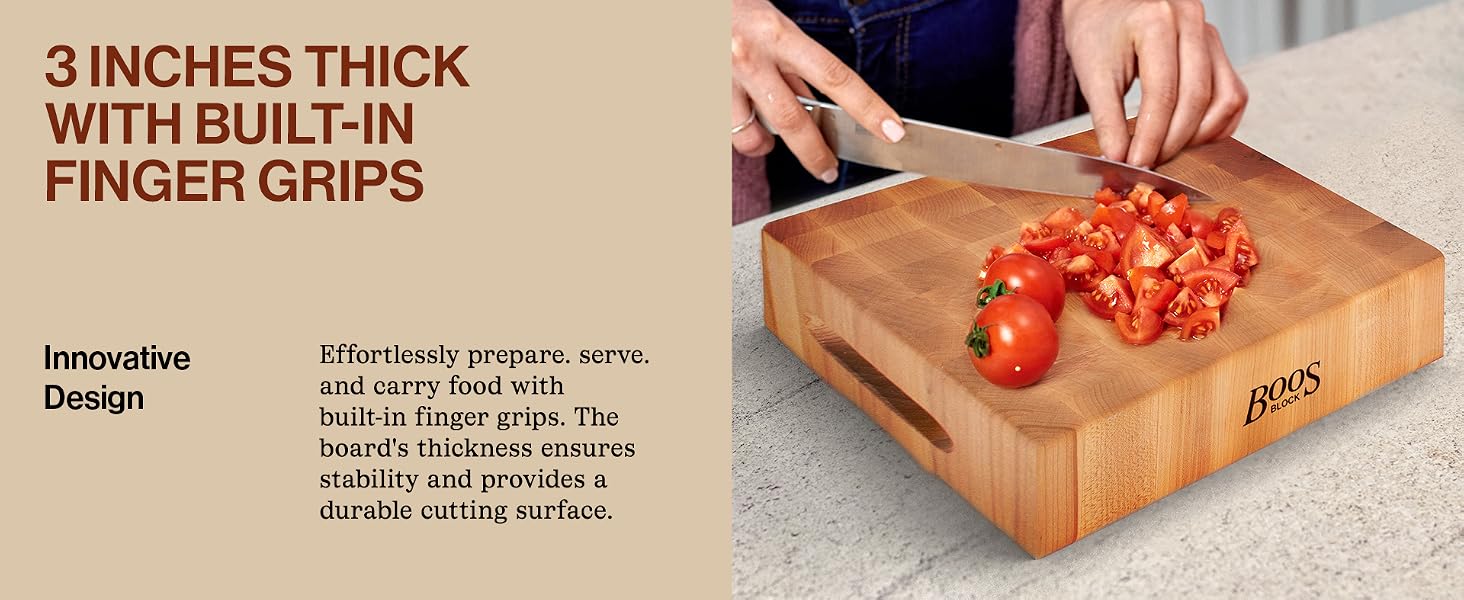 A woman cutting tomatoes on a wooden board. Text reads: 3 Inches Thick with Built-in Finger Grips.