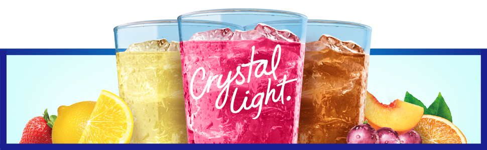 Three refreshing glasses of Crystal Light surrounded by fresh fruit
