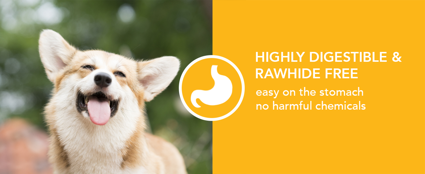 Dog smiling text reads highly digestible and rawhide free easy on the stomach no harmful chemicals