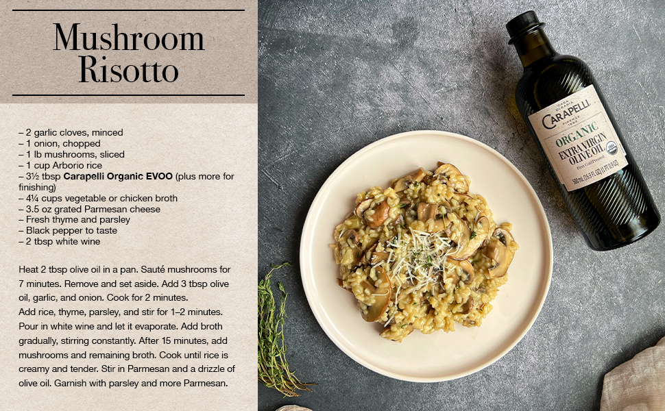 Recipe for Mushroom Risotto using Carapelli organic extra virgin olive oil