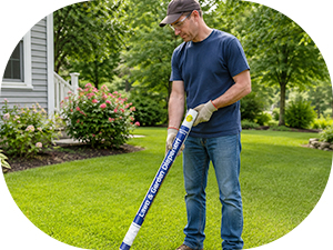 a man using a tube dispenser to spread milky spore on a spot in his lawn